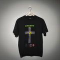 Greedy Unit Stone Believer tee front view showing GREEDY cross graphic