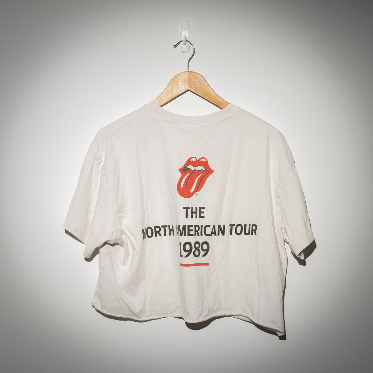 Vintage 1989 Rolling Stones tour tee front view showing oversized tongue logo
