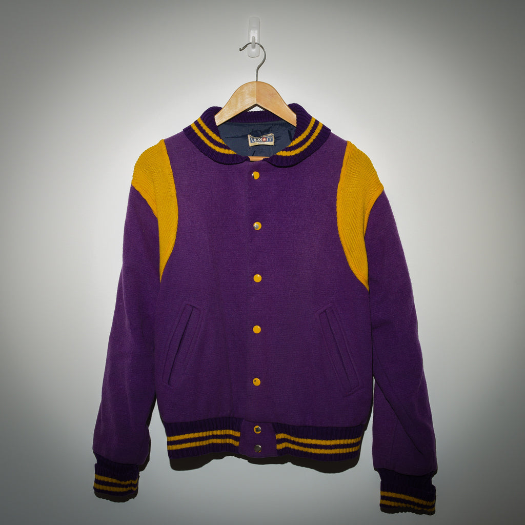 Vintage Duxon purple and gold varsity jacket full front view on hanger