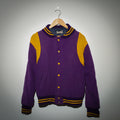 Vintage Duxon purple and gold varsity jacket full front view on hanger