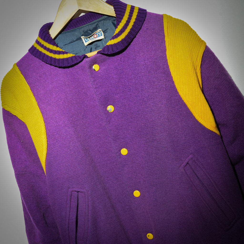 Vintage Duxon varsity jacket front close up showing gold snap buttons and knit detail