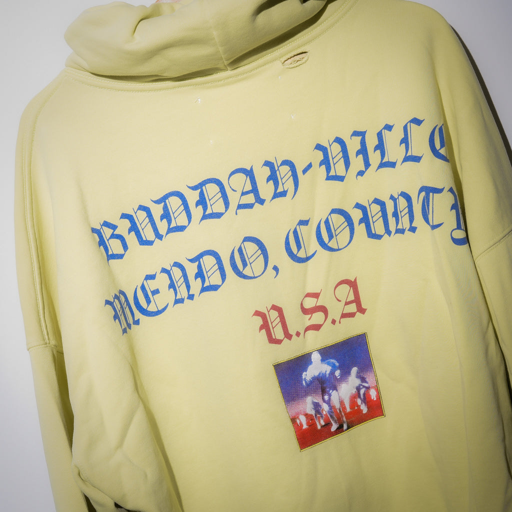 Paly Hollywood hoodie back view with Buddah-Ville Mendo County graphic