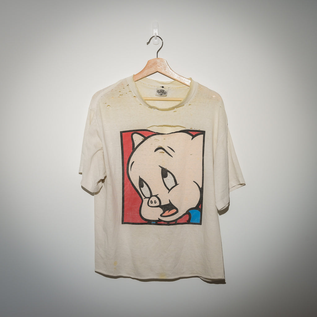 Vintage Little Piggy single stitch tee full view on hanger showing distressing