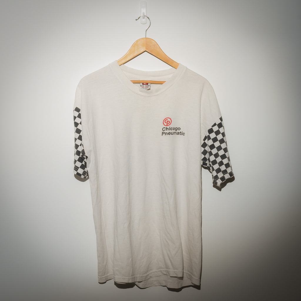 Vintage Chicago Pneumatic racing tee front view with checkerboard sleeves