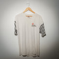 Vintage Chicago Pneumatic racing tee front view with checkerboard sleeves