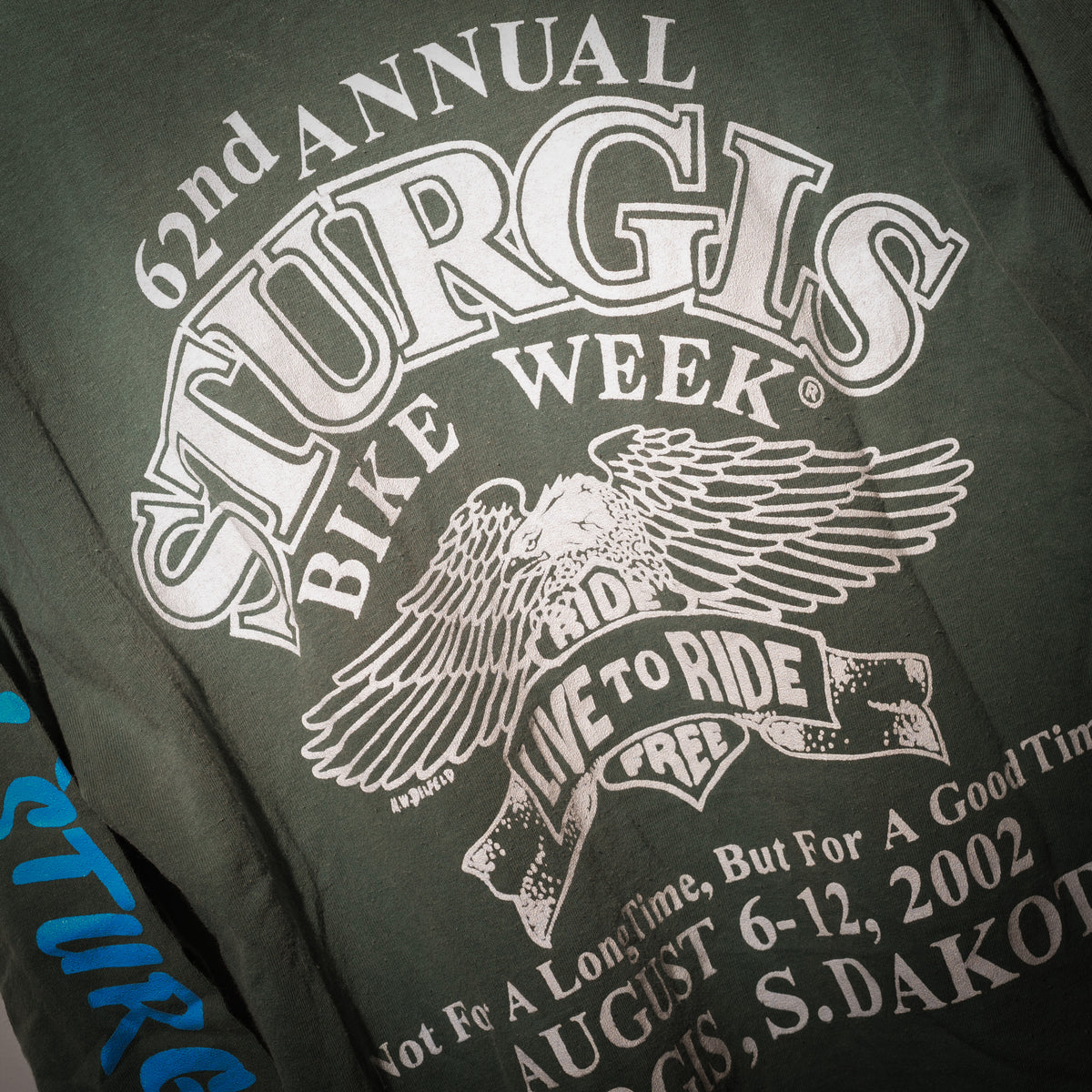 Vintage 2002 Sturgis Bike Week cropped long sleeve back graphic close up