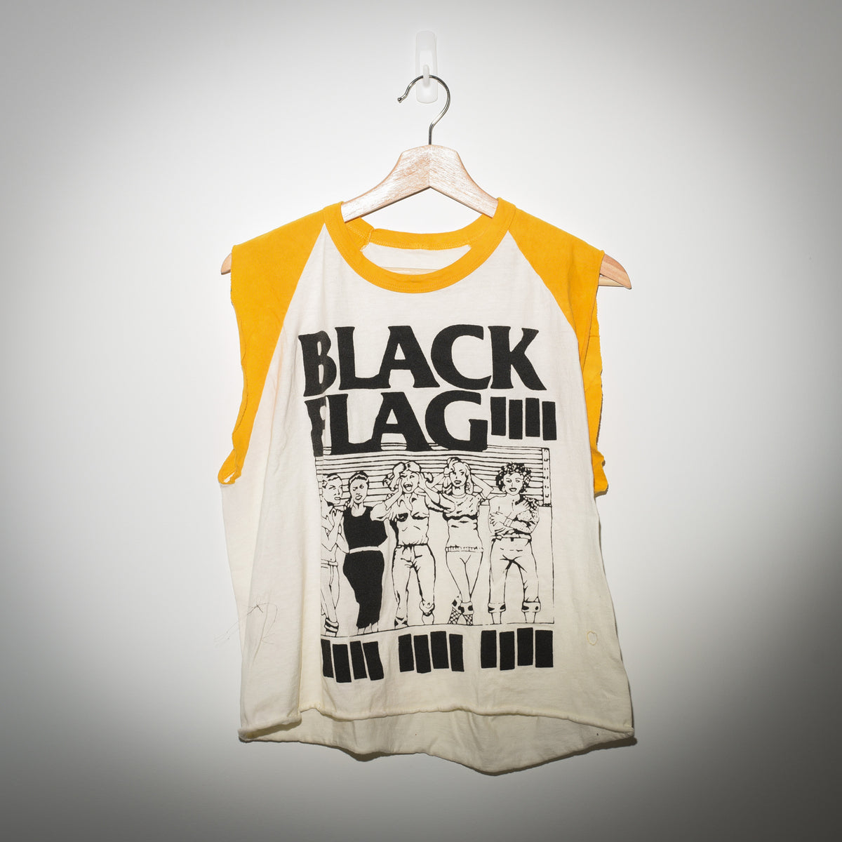 Black Flag vintage cropped sleeveless shirt full view on hanger