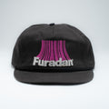 Vintage Furadan 5-panel strapback hat front view showing purple and white embroidered logo
