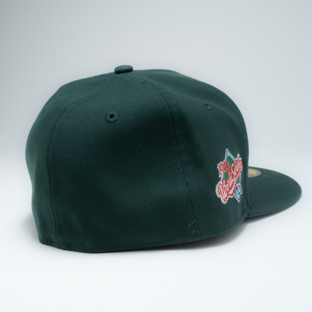 New Era LA Dodgers forest green fitted hat side and back view showing patch placement