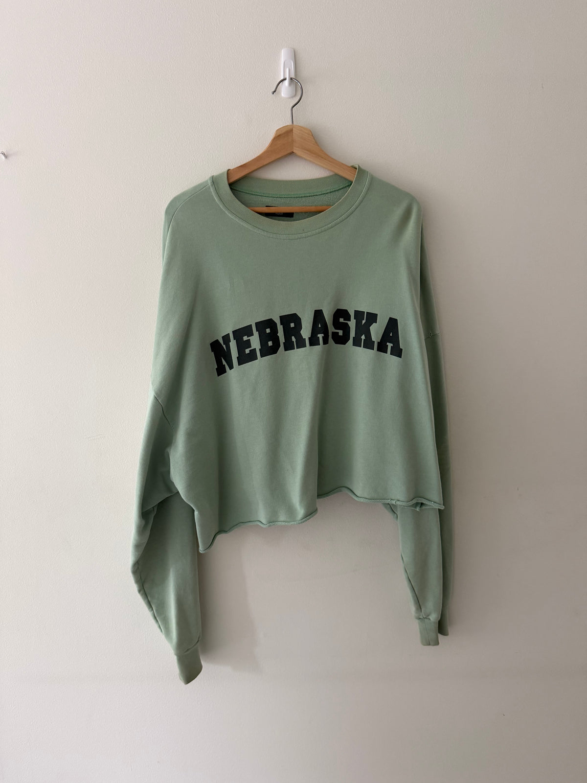 Raf Simons Nebraska crewneck full view on hanger showing mint green cropped silhouette