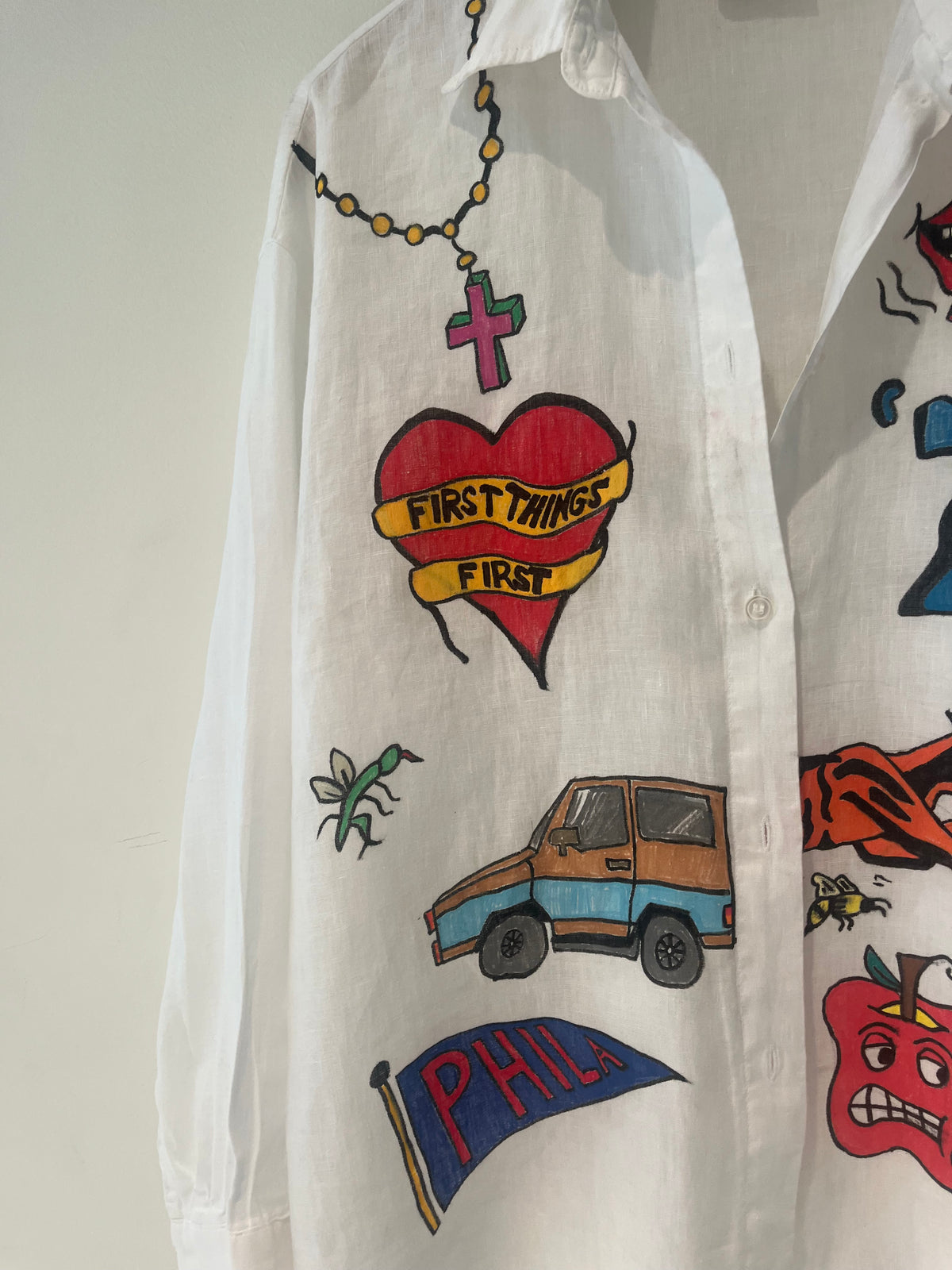 Hand drawn linen shirt - detail view