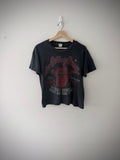 Close-up of Rolling Stones tongue logo graphic on t-shirt