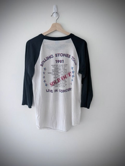 Vintage 1981 Rolling Stones tour raglan t-shirt, front view with dragon graphic