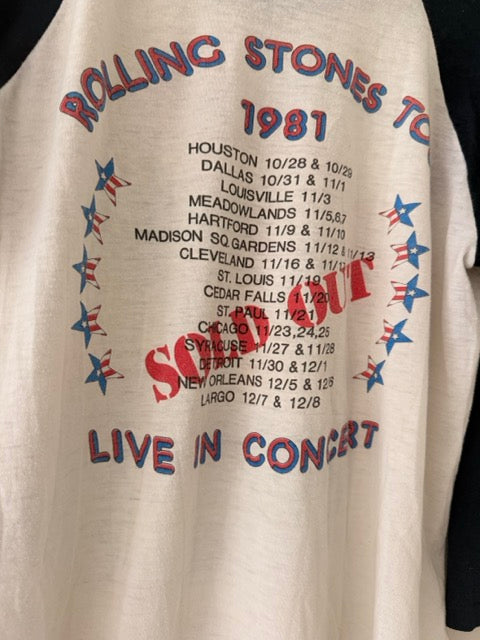 Close-up of 1981 Rolling Stones tour dates on back of shirt