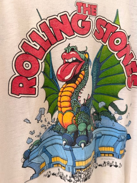 Close-up of Rolling Stones dragon logo graphic on front of shirt
