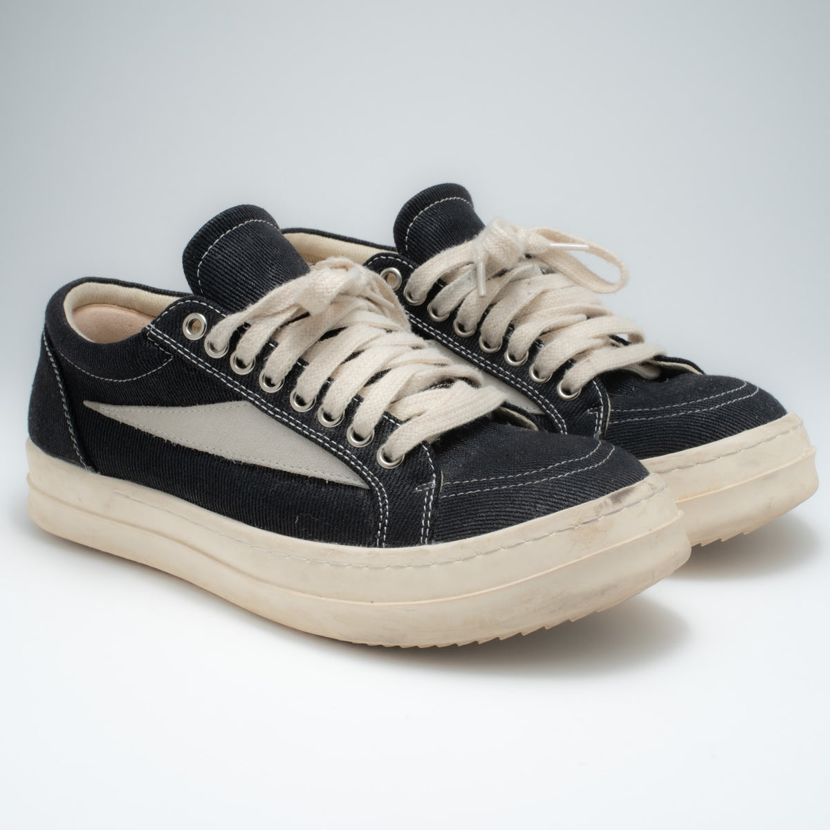 Rick Owens DRKSHDW canvas sneaker pair view showing chunky sole and cream laces