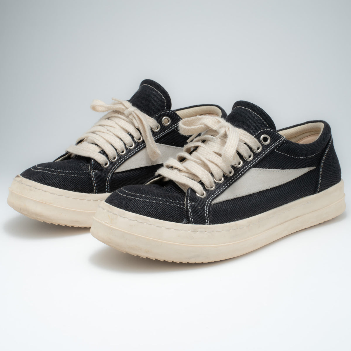 Rick Owens DRKSHDW canvas sneaker front pair view showing toe box and chunky sole profile